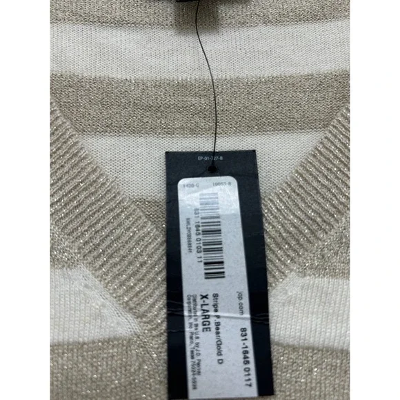 Worthington Womens XL V-Neck Sweater Gold Metallic Striped Cream Long Sleeve NEW - Picture 2 of 5
